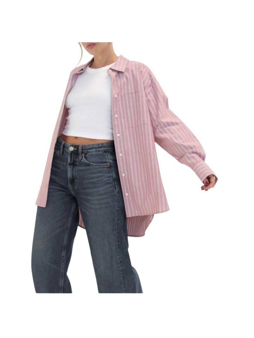 Rumored Womens S Ex-Boyfriend Stripe Button Down Shirt Cotton Oversized NWT - Picture 2 of 10